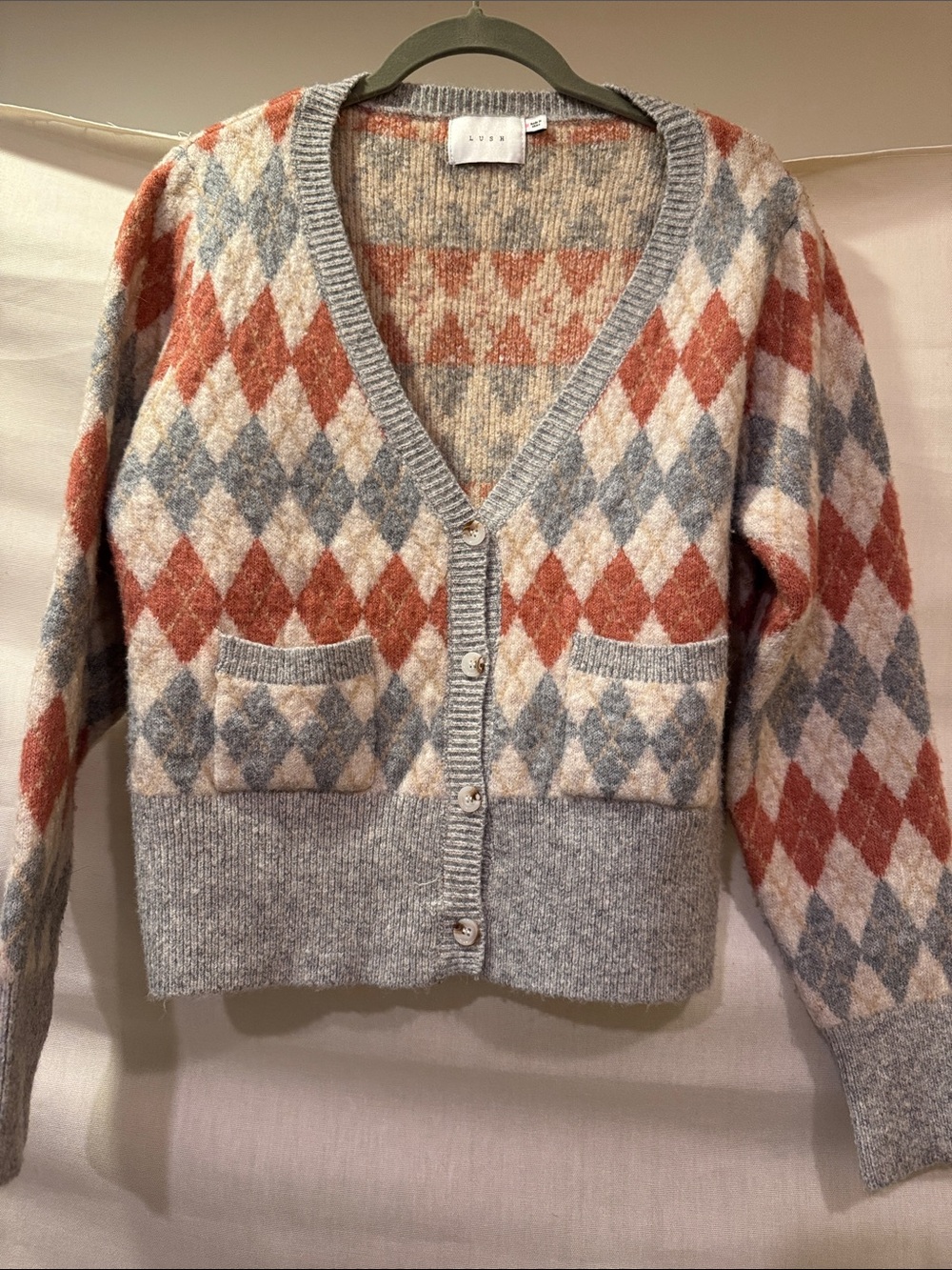 Lush Argyle V-Neck Cardigan in Gray, Rust & Cream